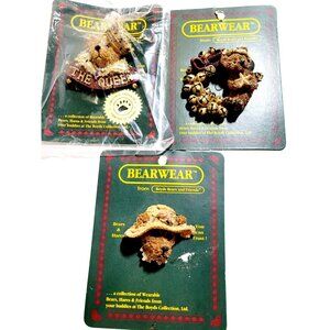 Boyds Bears Bearwear Set Of 3 Brooches the Queen, Christmas Wreath, Straw Hat